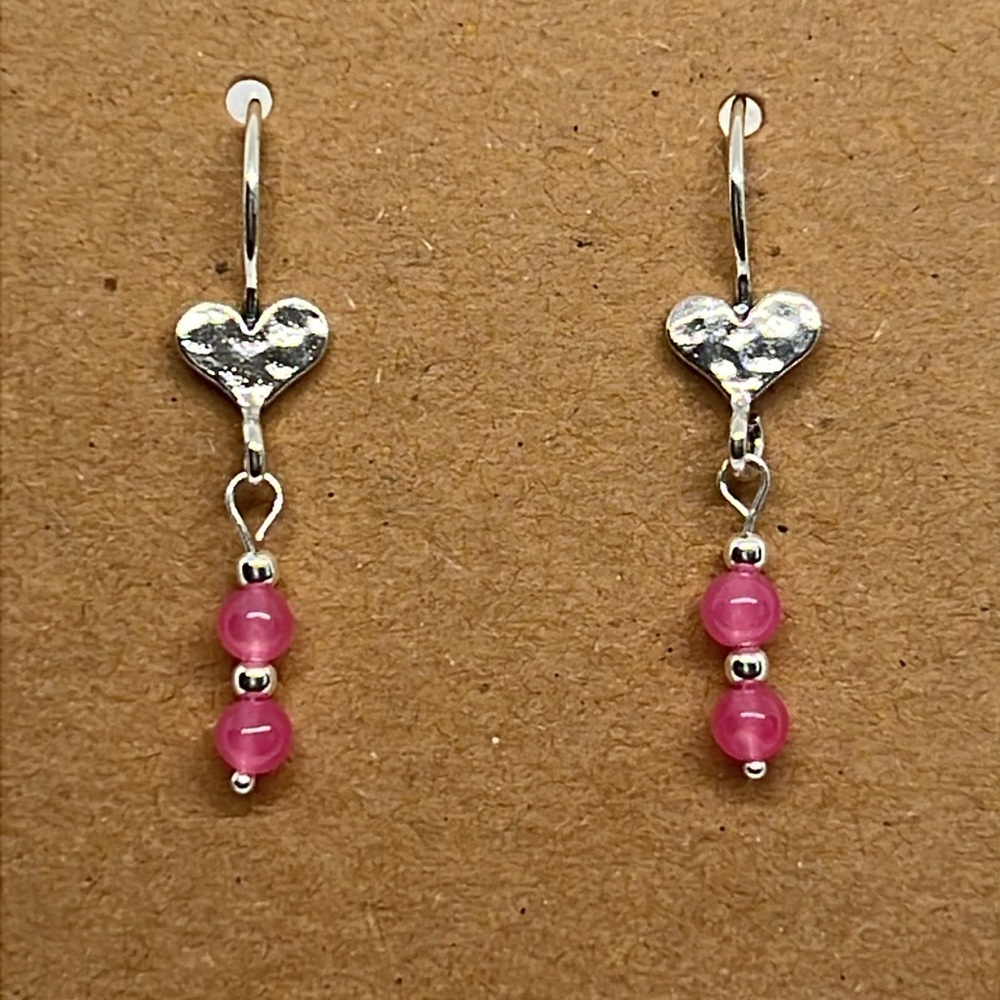 Silver Hammered Heart with Pink Jade Earrings